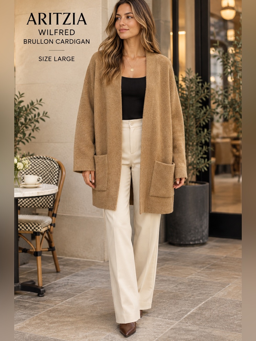 Aritzia Wilfred Brullon Cardigan womens Large Camel Oversized Longline Coatigan